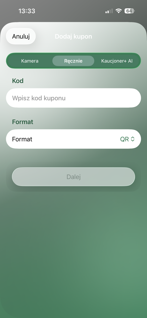 Ręczne wpisywanie kodu kuponu